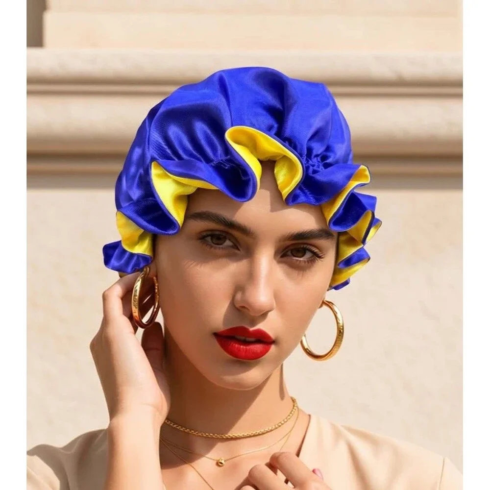 Reversible Satin Sleep Bonnet – Blue & Yellow– Extra Large, Elastic Fit